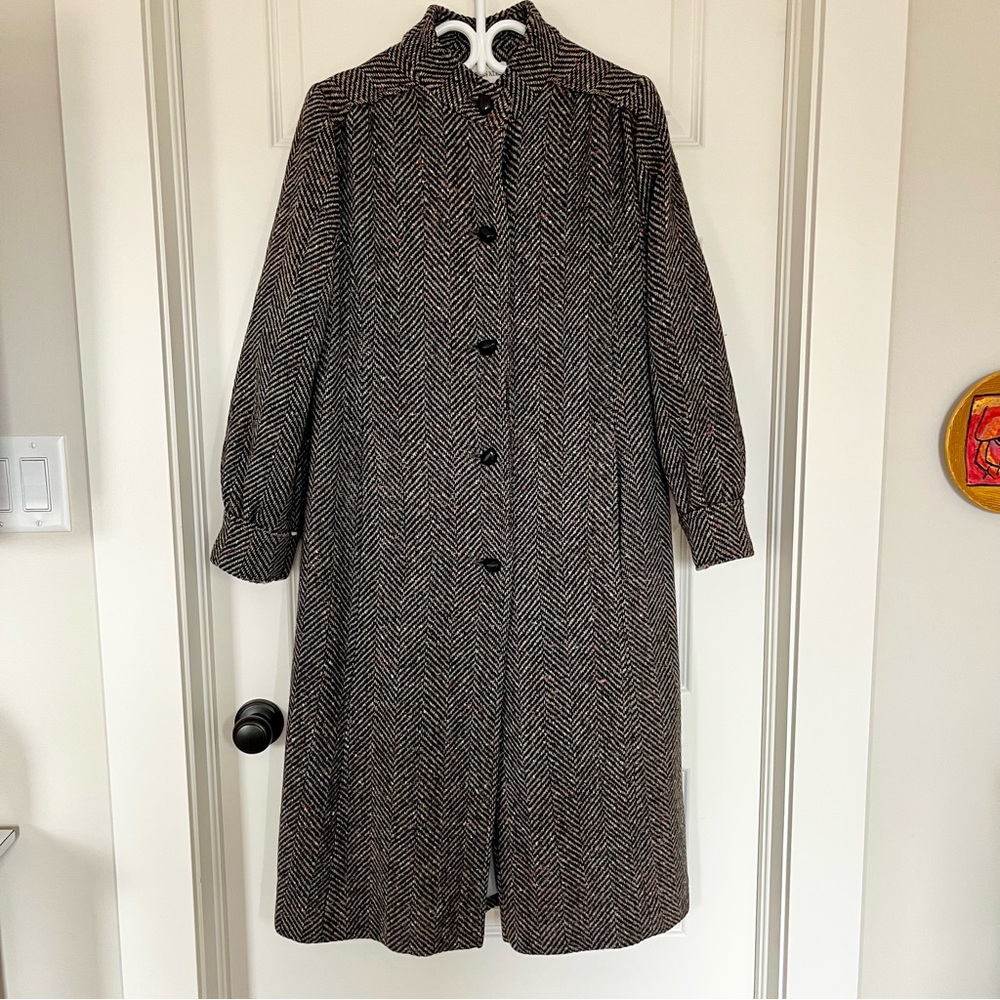 Vintage Charles Klein Herringbone Long Coat Black White Flecked Estimated M